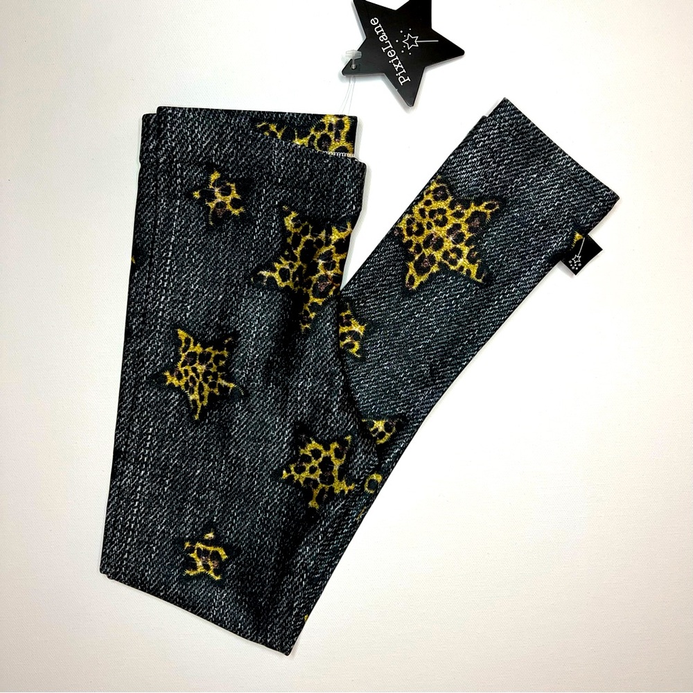 NWT PixieLane Girls Leggings Denim Leopard Stars